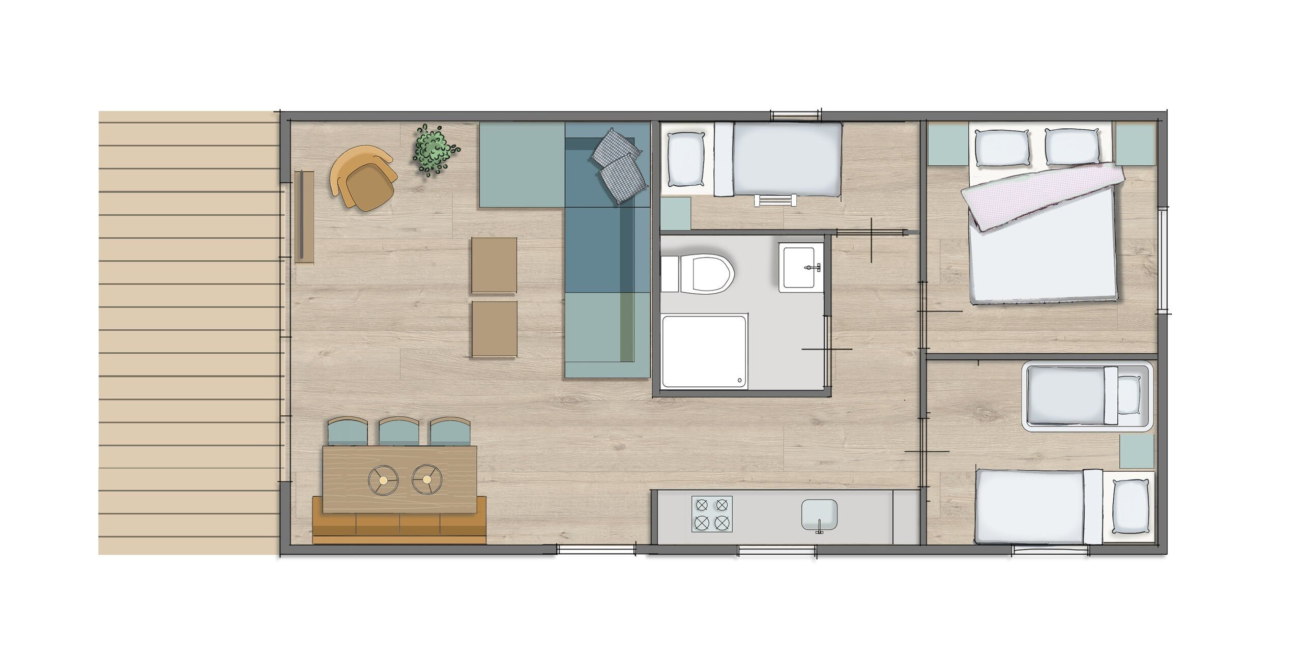 Plattegrond woezel en pip cottage 5 personen babybed